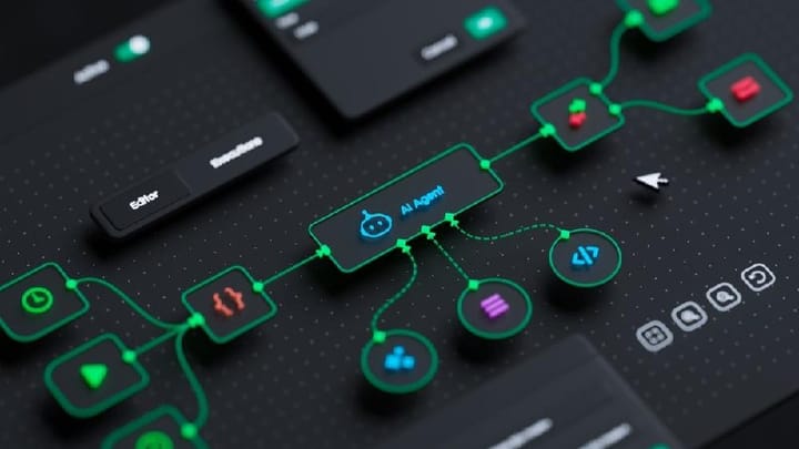 Abstract workflow interface showing connected tools and AI agent orchestration